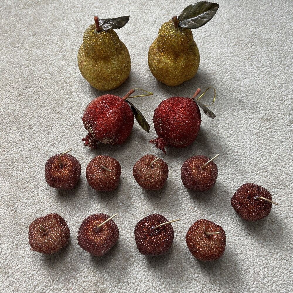 13 VTG Beaded Sugared Faux Fruit Ornaments Pear Pomegranate Apple Holiday Craft